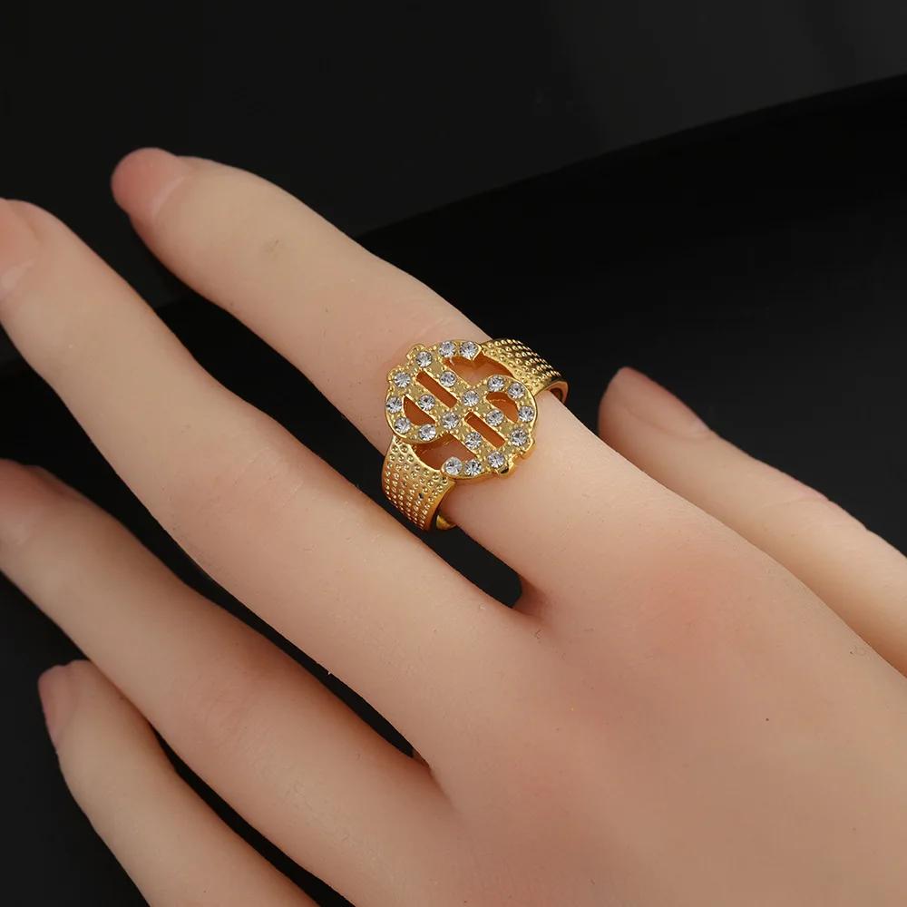Шарм Кольцо со знаком доллара из золота для женщин и мужчин, инкрустированное стразами, модное, ко Дню святого Валентина, парные украшения, подарки, размер регулируется