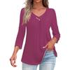 Shirts For Women Trendy V Neck Button T Shirts Casual Solid Color Summer Tees T Shirt Blouse Three Quarter Sleeve Tops For Women