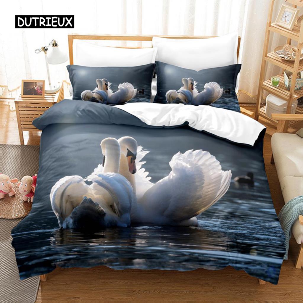 Пододеяльник с изображением лебедя, комплект постельного белья для близнецов, комплект постельного белья из микрофибры, размер Queen King, птицы, романтический стиль, пододеяльник с изображением диких животных для девочки и мальчика