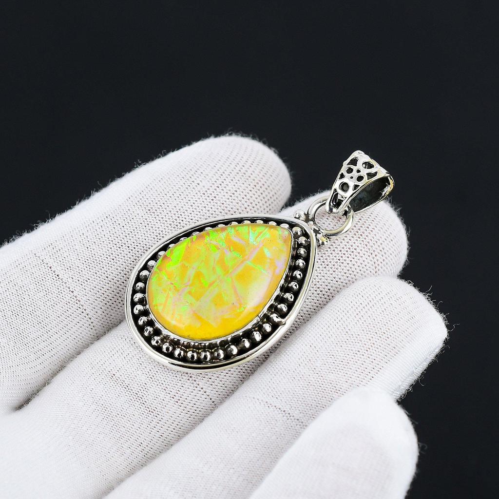 Yellow Triplet Fire Opal Gemstone Handmade 925 Sterling Silver Jewelry Pendant Yellow Triplet Fire Opal Gemstone Pendant For Gifts