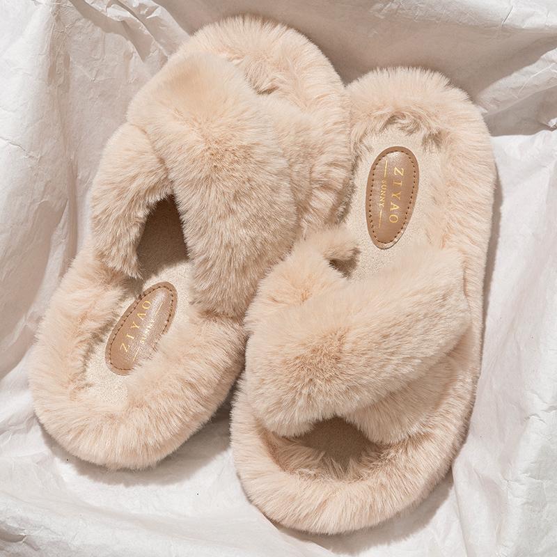 Fashion Fashion Cross Strap Fluffy Slippers for Women Winter Warm Faux Rabbit Fur Slides Woman Thick Sole Plush Indoor House Slippers