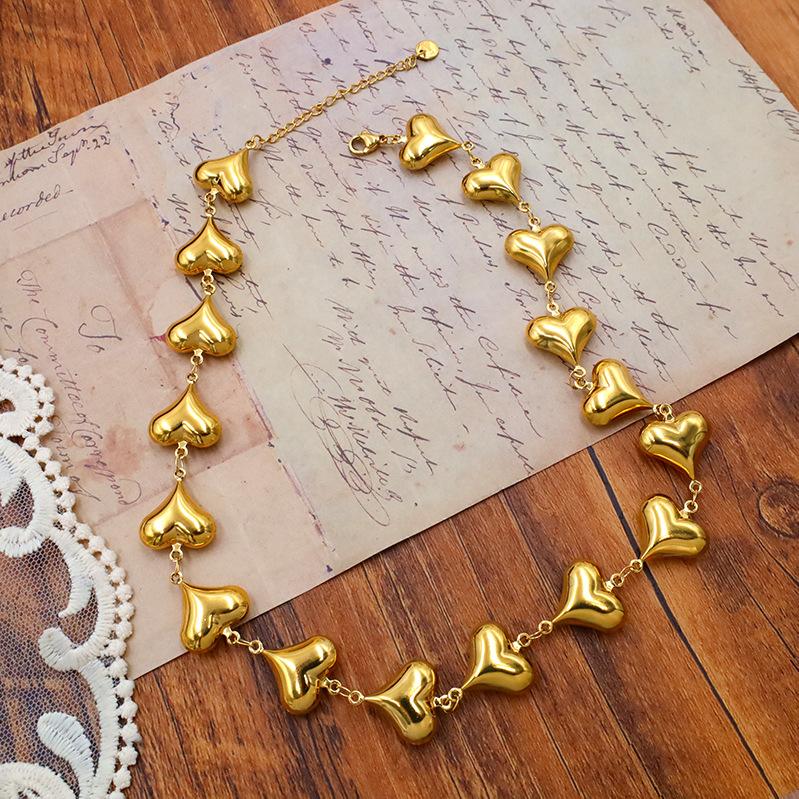 Fashion Stainless Steel 18K Gold Plated Big Heart Pendant Chunky Necklace Bracelet Women Party Jewelry Set
