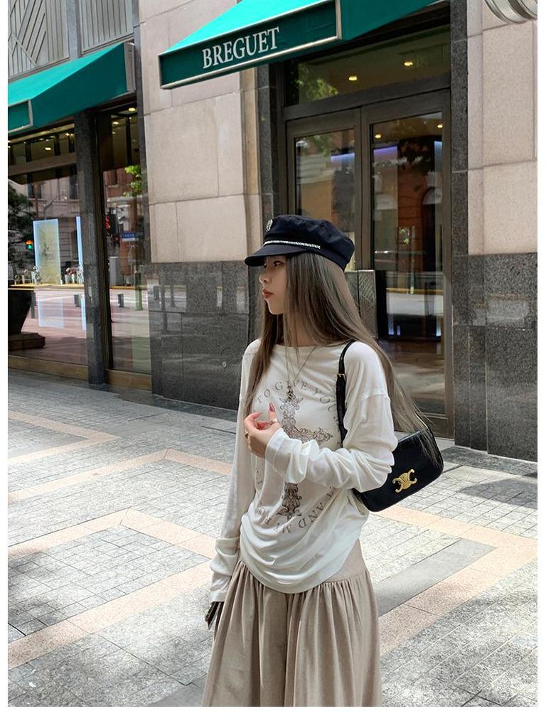 2024 Summer Women's Loose Long Sleeve Printed Drapey T-Shirt