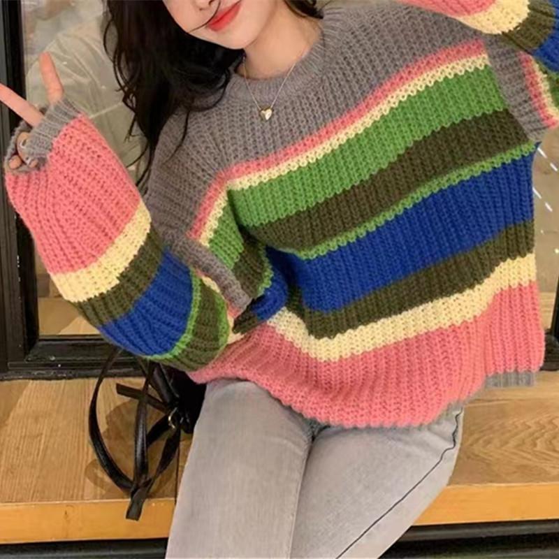 Большой вязаный Радужный свитер, женский модный полосатый контрастный пуловер с круглым вырезом, повседневный свободный милый джемпер