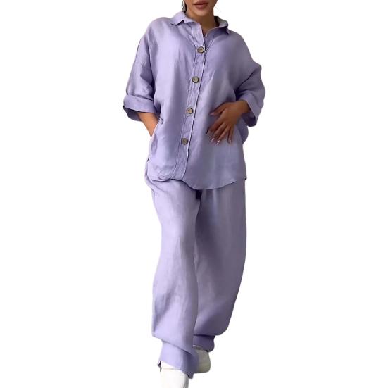 Женская блузка и брюки, комплект из 2 шт./компл., топ с лацканами и длинными рукавами больших размеров, свободные брюки с тонкой эластичной резинкой на талии, повседневная домашняя одежда, наряд на каждый день