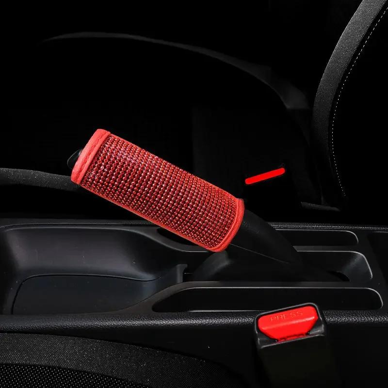 Bling Car Accessories Women Handbrake Gear Shift Rearview Mirror Armrest Cover Shoulder Pad Red Rhinestone Decoration Styling