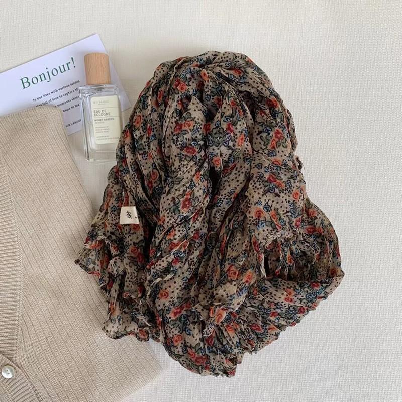 Винтажный хлопково-льняной шарф для женщин осенне-зимний с принтом тонкий плиссированный шарф шелковый шарф