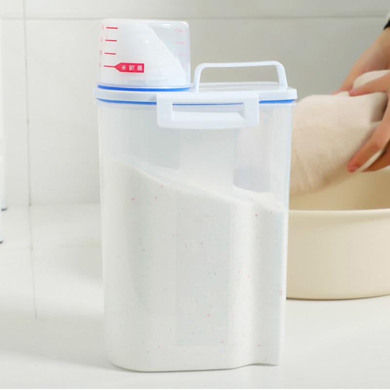 Бытовой ящик для хранения стирального порошка портативный большой пластиковый с мерным стаканом