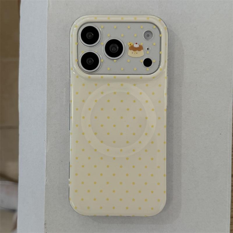 Kawaii Pudding Cartoon Yellow Polka Dot Magnetic Phone Case With Heart Pop Socket For iPhone 15 16 17 Pro Max INS Cute Shockproo