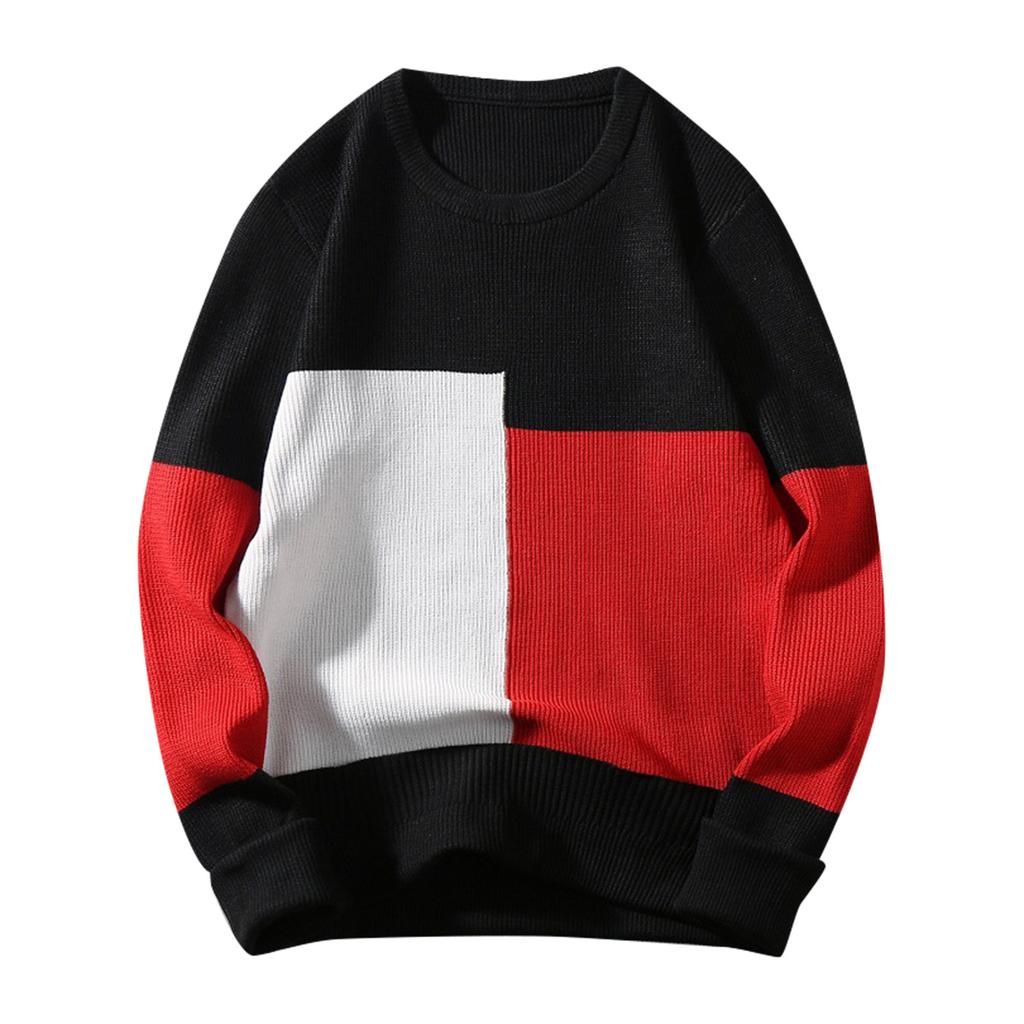 Fashion Casual Long Sleeve Color Contrast Round Neck Men'S Sweater Loose Pullover