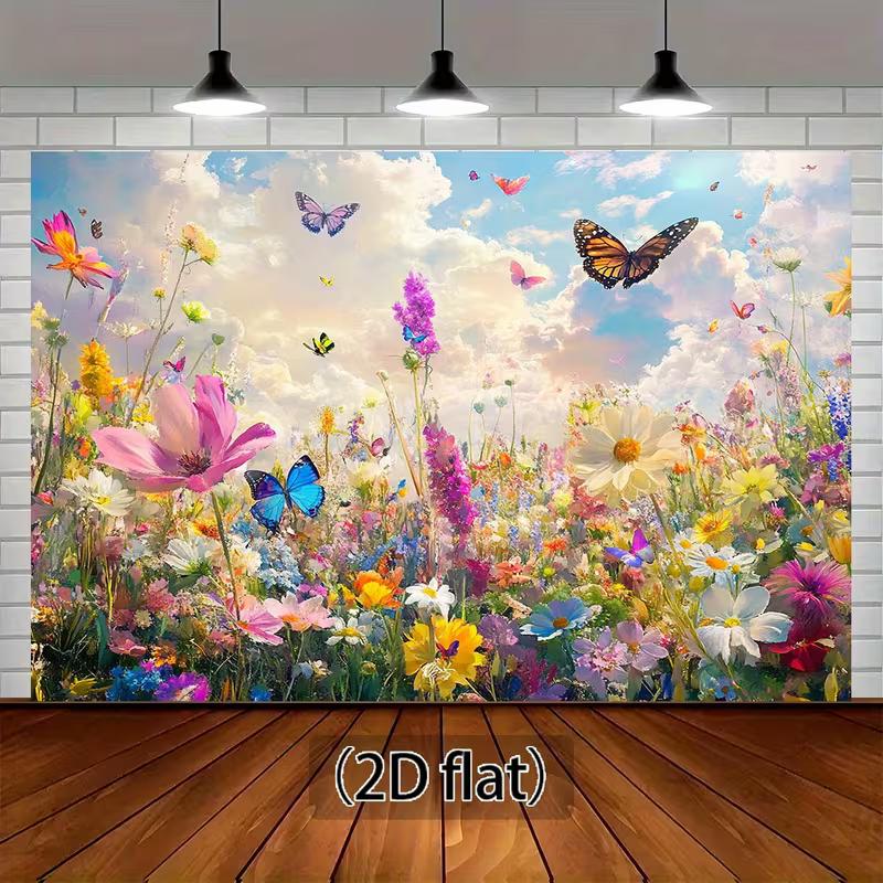 2D Dreamy Flower Meadow Backdrop, Wildflower & Butterfly Party Photography Background