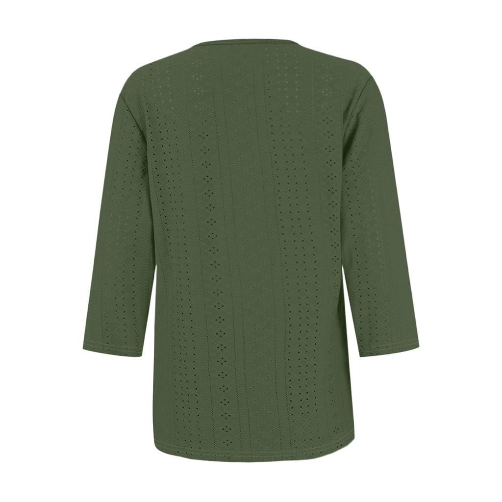 Жен. Футболка Футболка С принтом Пуговицы Рукав 3/4Ежедневно Выходные Мода Классический Топ с v-образным вырезом Обычный