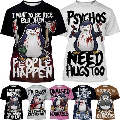 Модная уличная футболка в стиле унисекс в стиле Харадзюку, рубашка с 3D принтом «Сумасшедший пингвин», с коротким рукавом, летняя новая летняя футболка с криминальным пингвином и текстовым принтом - Футболки