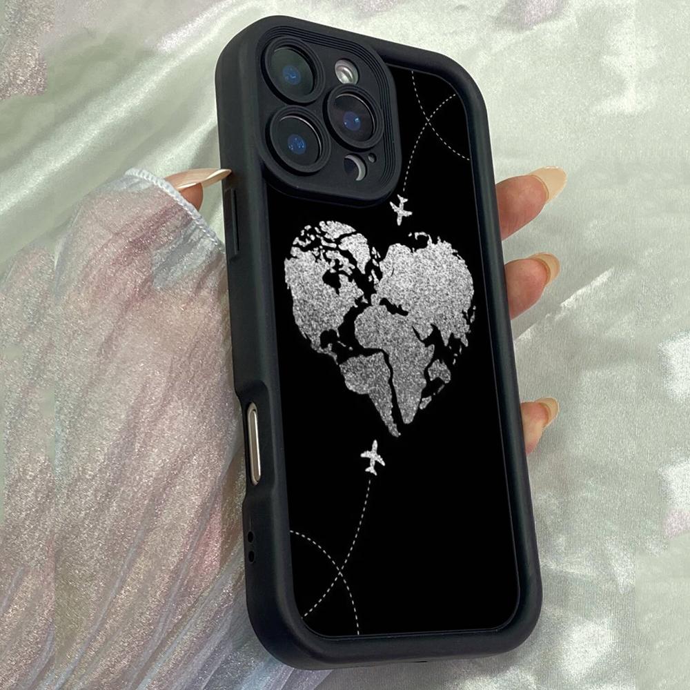 JT571 Бело-черная карта мира в форме сердца для iPhone 17 16 15 14 13 12 Pro Max Samsung S26 S25 Ultra A17 A07 A56 A16 A15 Xiaomi 15T Redmi 15c 14C Мягкий чехол