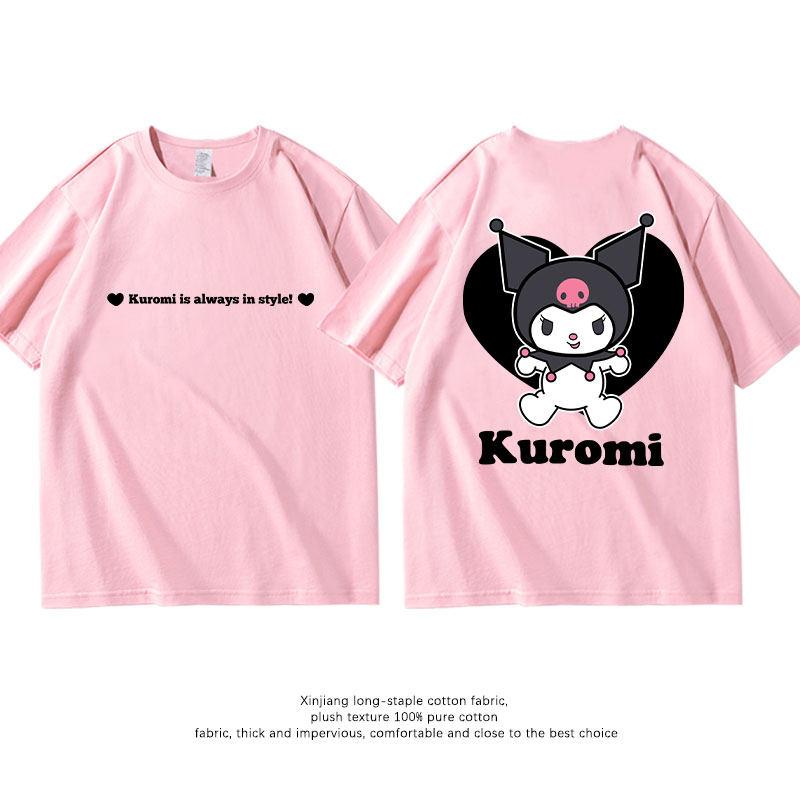 Summer Pure Cotton Kuromi Childrens Tshirt Fashionable Doublesided Cartoon Printed Parentchild Outfit Round Neck Top