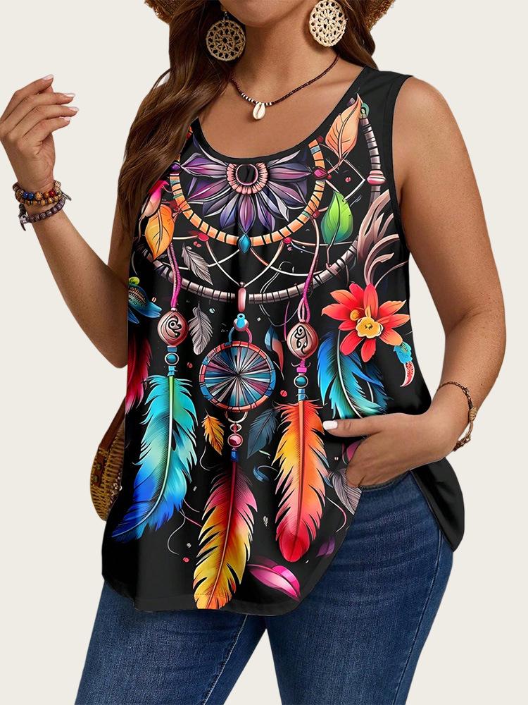 Трендовый женский топ без рукавов большого размера с джинсовым принтом - Европейская и американская летняя мода 2025