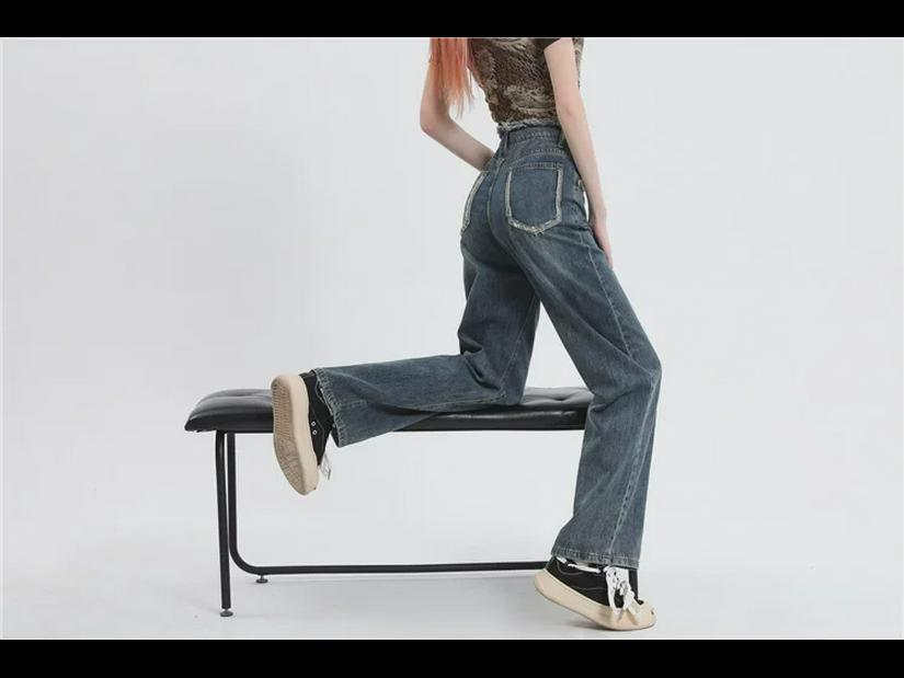 Осень 2023 Женские джинсы с высокой талией в стиле ретро с широкими штанинами