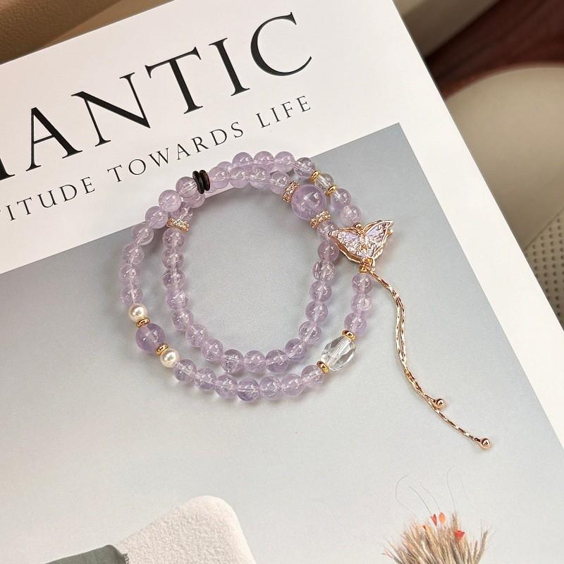 Lavender Amethyst Double Strand Bracelet Women Handmade Crystal Jewelry With Butterfly Charm Fairy Style