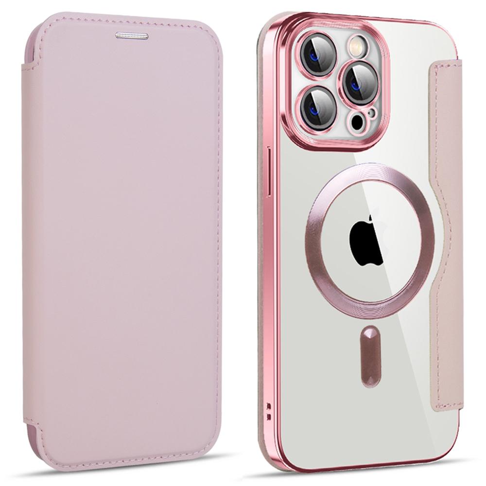 Чехол для телефона для iPhone 14 Pro Max, совместимый с MagSafe, с RFID-блокировкой, слотами для карт, из ПУ кожи + ТПУ, с гальваническим покрытием, прозрачная задняя крышка-книжка с защитной пленкой для объектива