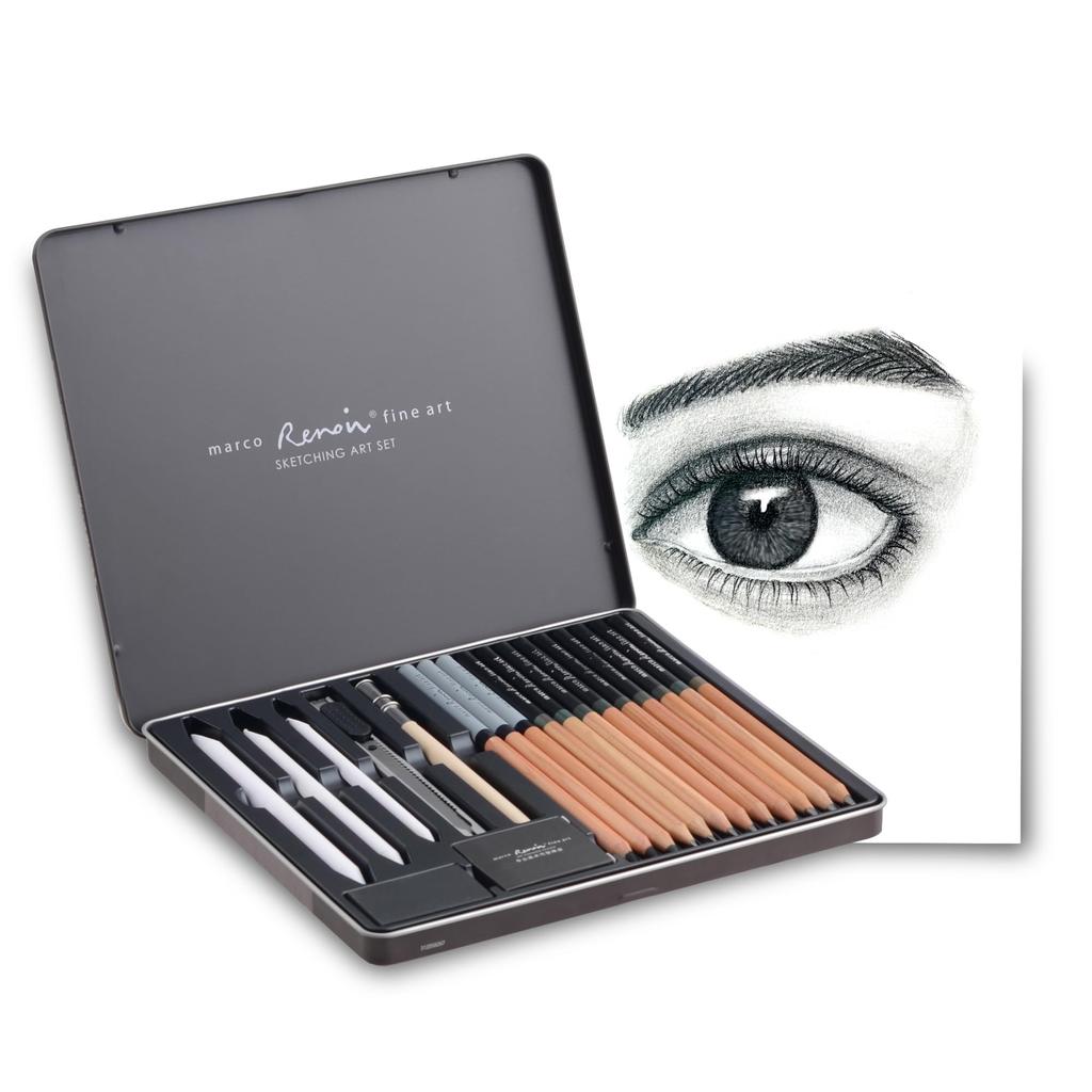 MARCO Sketching Pencil 19 Model 3001 Art Painting Kit with Iron Box Storage 9 Drawing Pencils 3 Charcoal 1 Paper 1 Plastic 1 Regular 1 Knife with