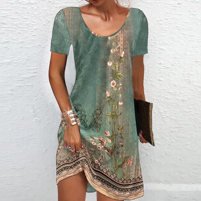 Женское повседневное удобное платье с короткими рукавами, летние повседневные платья средней длины с принтом
