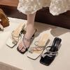 Fairy Rhinestone Bow-toed Slippers Female 2025 New Summer Crystal High-heeled Sandals Two Wear Thick-heeled Sandals