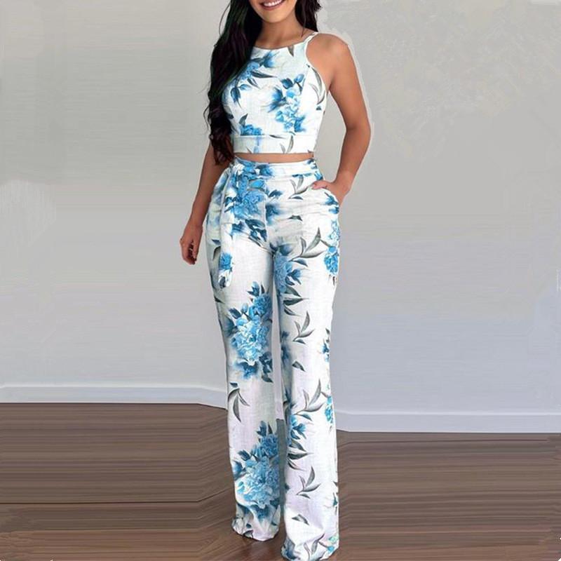 Женский повседневный летний комплект из двух предметов, пляжная одежда, укороченный топ с тропическим принтом листьев и широкие брюки с цветочным принтом, комплект