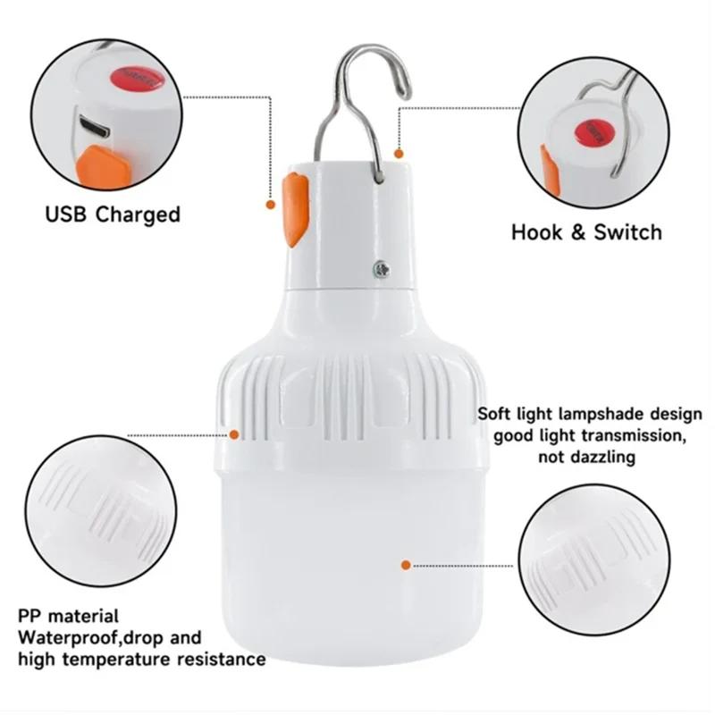 1PC Outdoor USB Rechargeable LED Lamp Bulbs 60W Emergency Light Hook Up Camping Fishing Portable Tents Lantern Night Lights Bulb