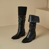 Black Brown Women Mid Calf Boots High Square Heel Small Big Size 32 48