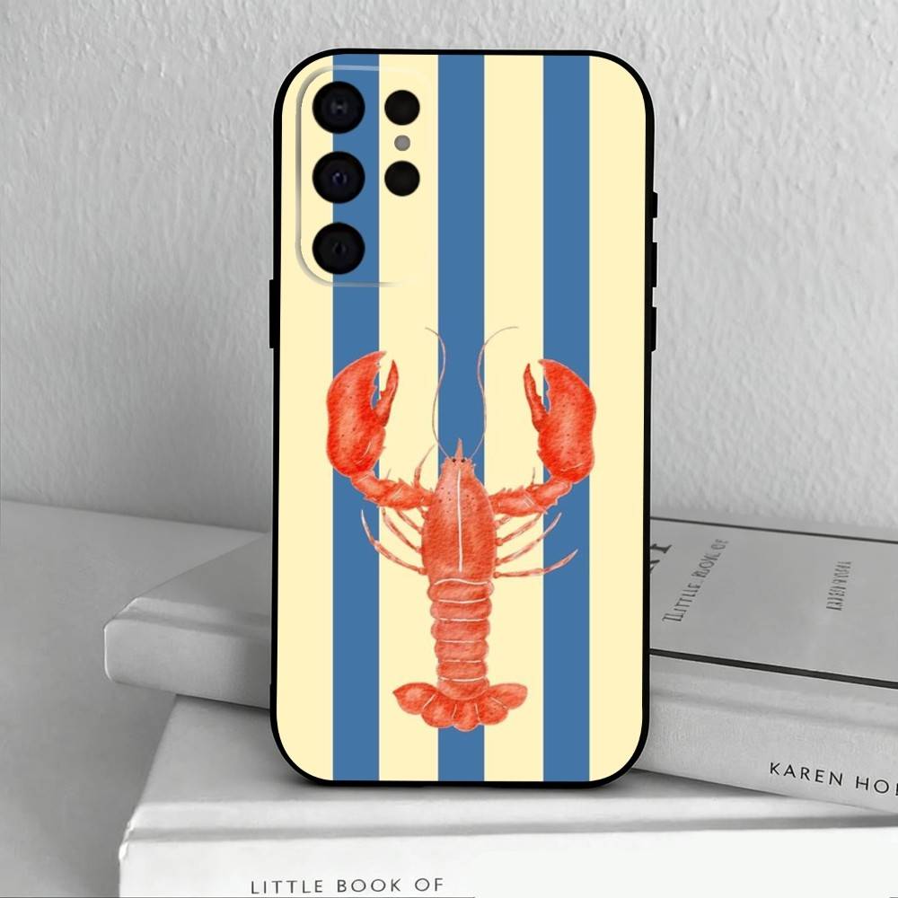 Чехол для телефона L-Lobster On S-Stripes Ocean для Samsung S25,24,23,22,30,21,10,9,Ultra,Plus,Lite,FE,4,5 G Мягкий черный чехол