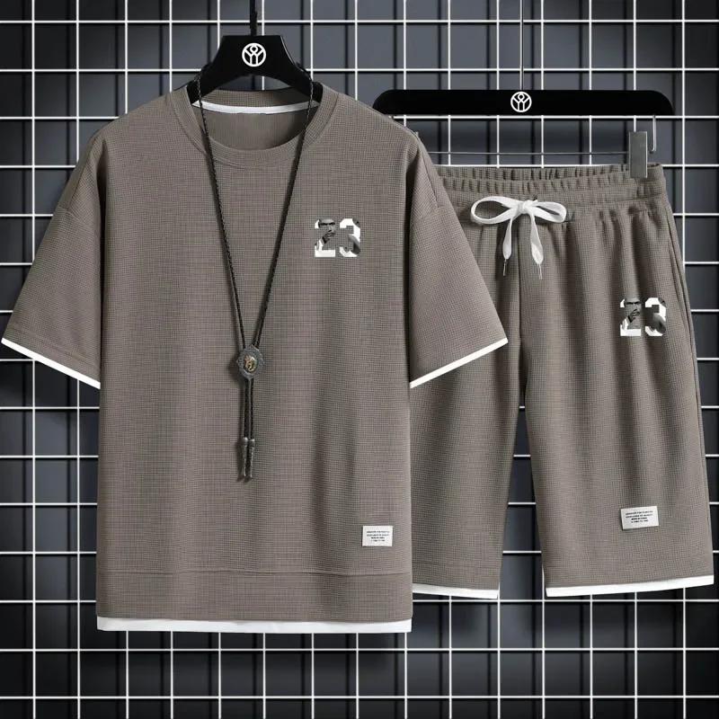 Мужской комплект из шорт с вафельным принтом, 2 шт. свободного кроя, спортивный костюм, стиль Харадзюку, летняя мода