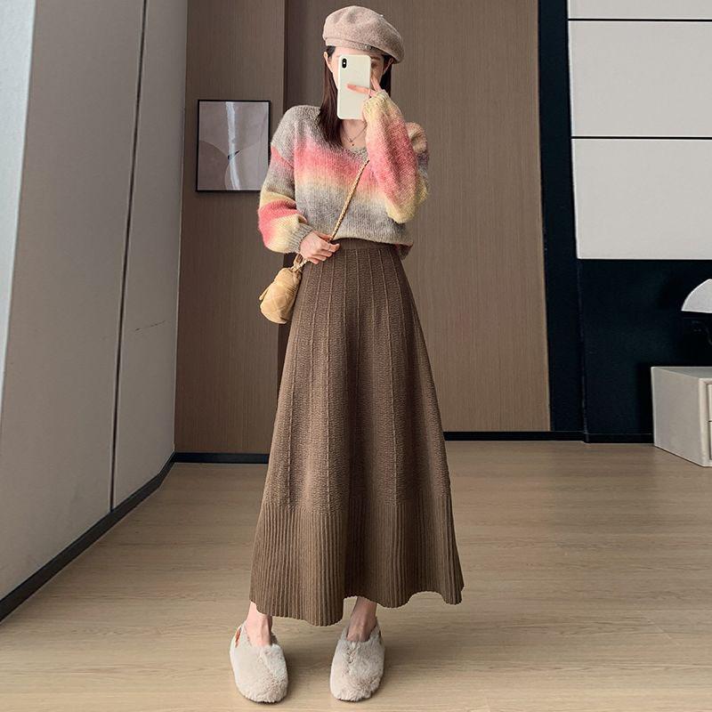 Knitted Skirt, Women's Winter Light Mature A-line Skirt, Medium Length Skirt, Slim Fit, Crotch Covering, High Waist Long Skirt