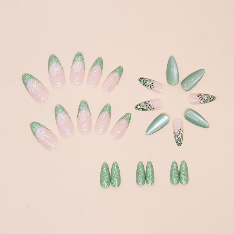 Spring Almond Fake Nail French Cat Eye Manicure Nail Piece Flower Nail Piece Butterfly Manicure Patch