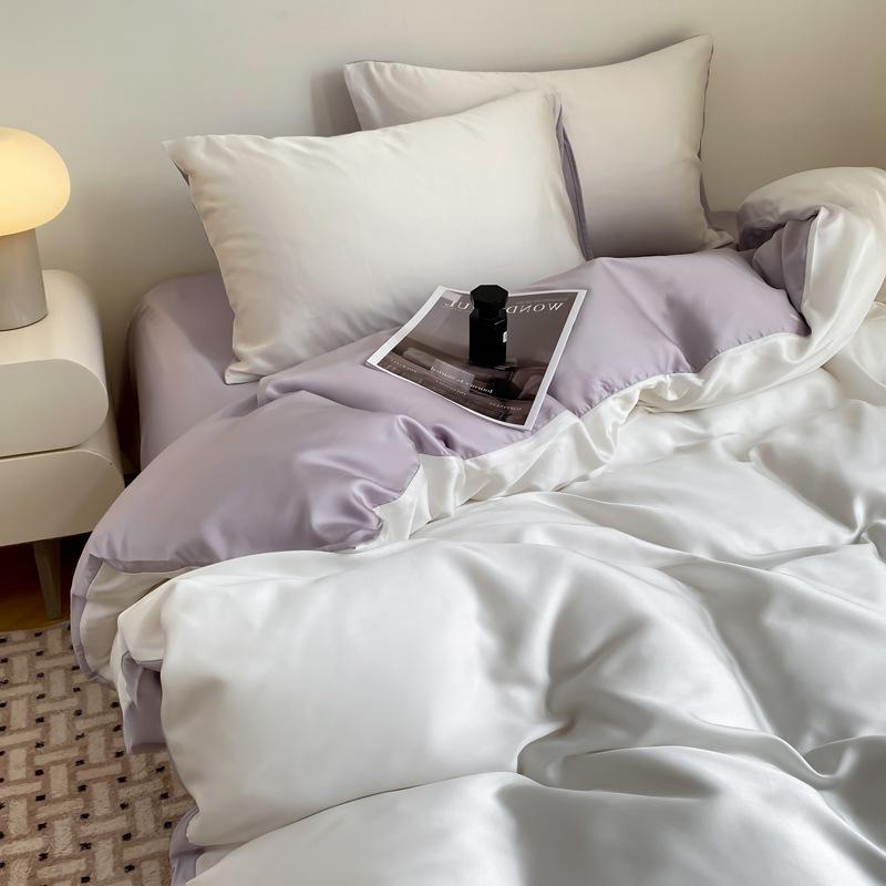 Летний однотонный комплект из четырех предметов из ледяного шелка, прохладный на ощупь, простыня, пододеяльник, комплект постельного белья из трех предметов для общежития, удобное постельное белье
