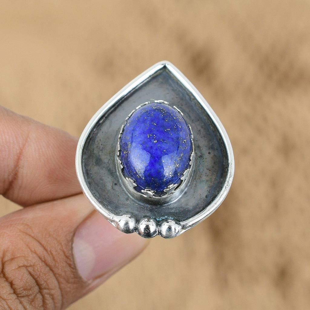 Natural Lapis Lazuli Gemstone 925 Silver Promise Adjustable Ring For Women