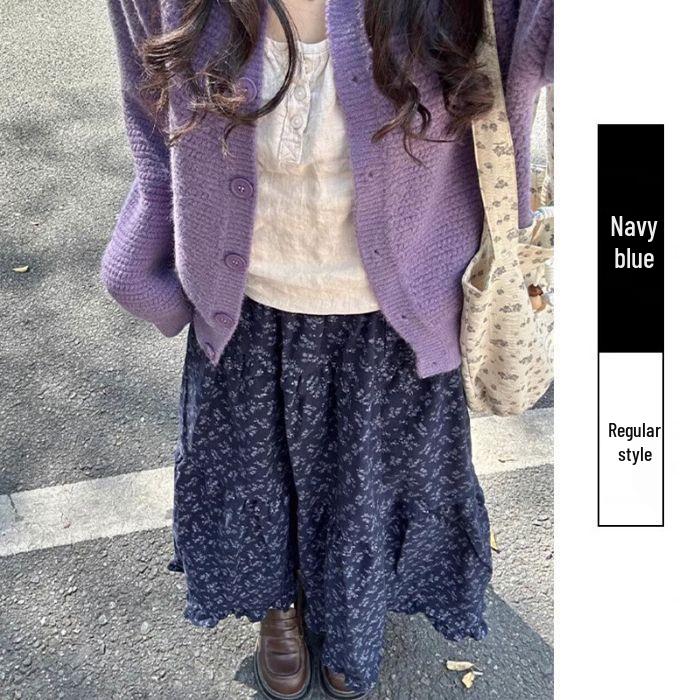 Korean Retro Floral Print Maxi Skirt – High Waist A-line for Spring and Summer Women's Fashion