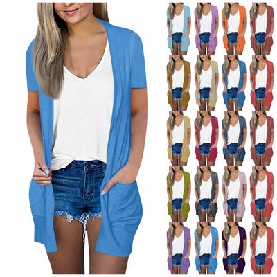 Женская мода Свободный повседневный карманный однотонный кардиган с короткими рукавами Куртка Топ