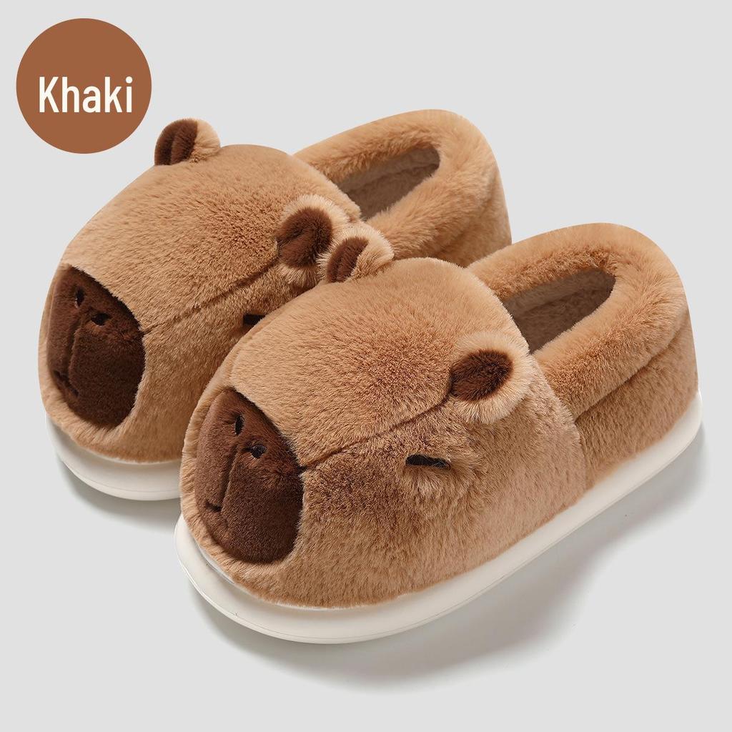 Capybara Women's Winter Cotton Slippers - Cute Cartoon Fluffy Heel, Parent-Child Warm Shoes for Kids & Men.