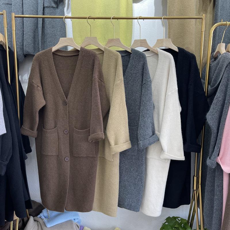 Свитер средней длины, кардиган, женская куртка в стиле ленивой вязки на осень и зиму, свитер выше колена, свободный вязаный свитер, верхняя одежда
