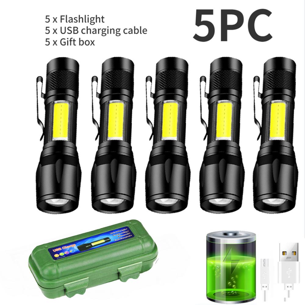 1-10PCS LED Strong Light Telescopic Zoom Flashlight COB Portable Side Light USB Rechargeable Outdoor Household Mini Flashlight