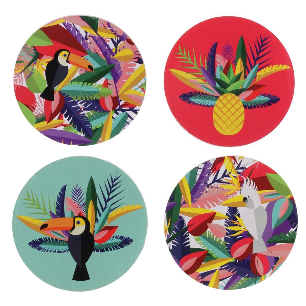 Les Trésors De Lily [Q3251] - 4 Multi-colored 'Tropical' Coasters (wood/cork) - 10 Cm