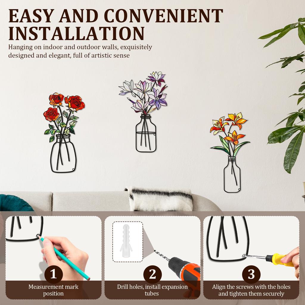 3pcs Metal Flower Wall Decoration for Home Living Room Kitchen Wall Art Metal Flower Decoration Hanging Sculpture