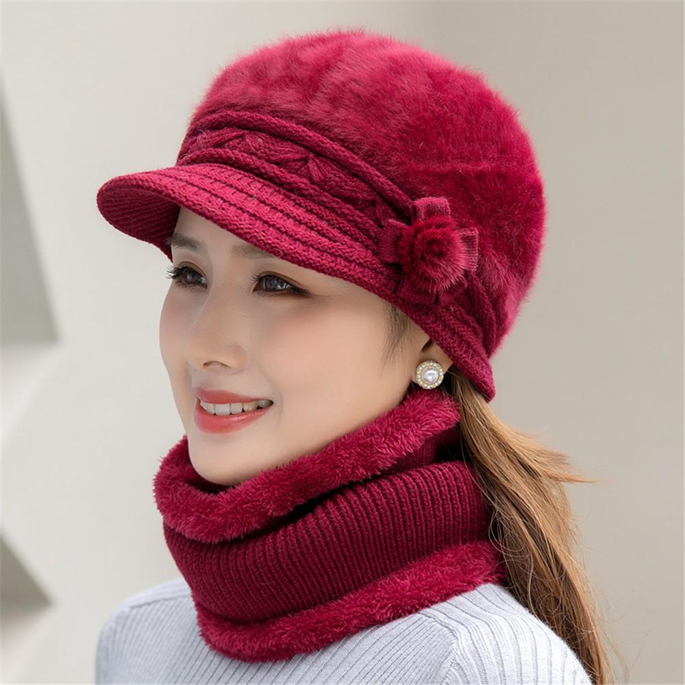 Winter Hat Keep Warm Cap Add Fur Lined Hat And Scarf Set Warm Hats For Female Casual Rabbit Fur Winter Knitted Hat