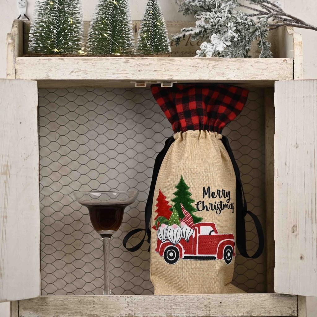 Charming Forest Santa Car Wine Bottle Bag Stylish Checkered Fabric Christmas Decoration
