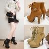 Women's Boots High Heels Autumn Cross-tied Belt Buckle Height Increased By 6-8cm Round Toe Strap Women's Boots