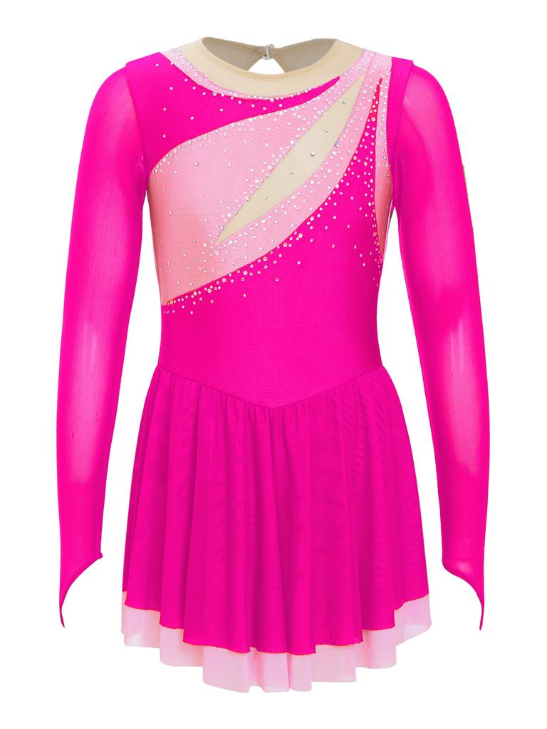 Kids Girls Sparkly Rhinestone Long Sleeve Figure Ice Skating Dress Ballet Modern Lyrical Dance Costume