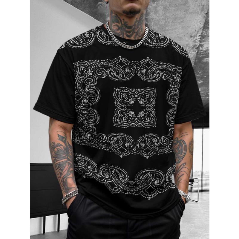 Bohemian Bandana Patterned Short - Sleeve Tops Summer Round Neck 3D Print Fashionable Casual Men's T-shirts