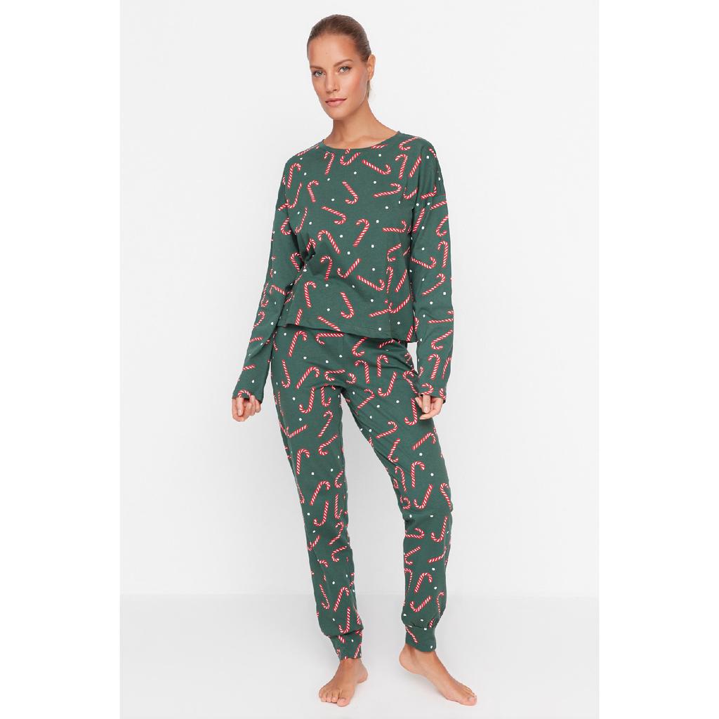 Темно-синий вязаный пижамный комплект с новогодним принтом Thmaw21pt0771