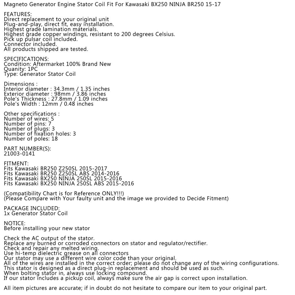 Stator Generator for Kawasaki BR250 Z250SL BX250 Ninja 250SL 2014-17 21003-0141