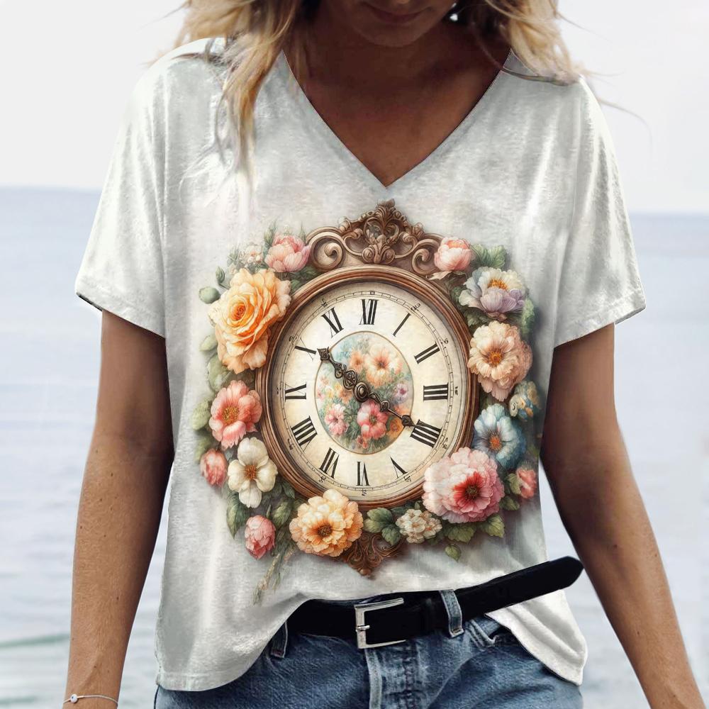 Женская футболка, модный принт с часами, летняя одежда большого размера с короткими рукавами, уличная повседневная пуловер с v-образным вырезом, женские футболки